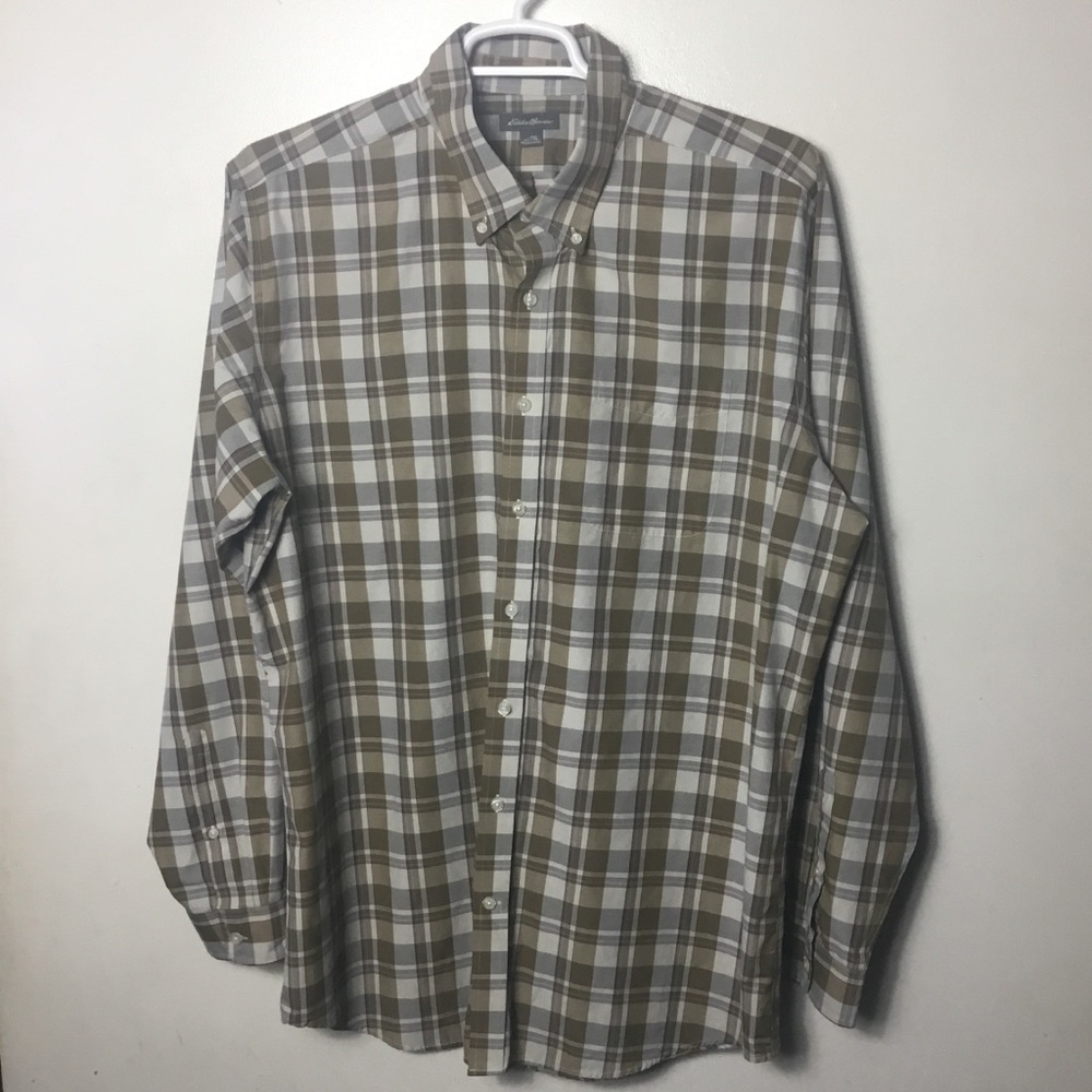 Eddie Bauer brown plaid button down shirt. Wrinkle free relax fit. XL Tall